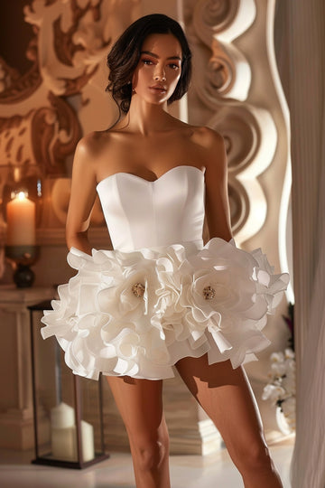 White Sweetheart Floral Satin Short Homecoming Dress with Ruffles